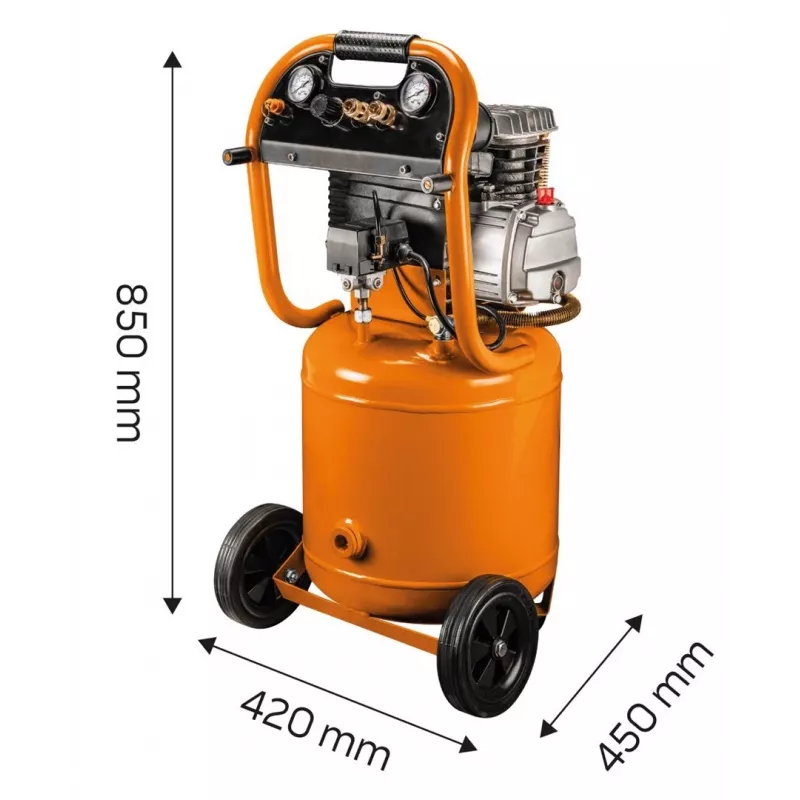 NEO TOOLS 12K010 Compressor de ar vertical lubrificado a óleo, depósito de 40 L, 230 V, 1,5 kW, 8 bar, 206 L/min de aspiração, rodas e pega