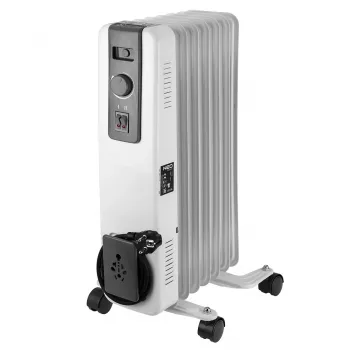 Radiador a óleo NEO TOOLS 1500W com 7 elementos, 3 níveis de aquecimento, termostato regulável, proteção contra sobreaquecimento, proteção anti-tombamento, rodas integradas, branco