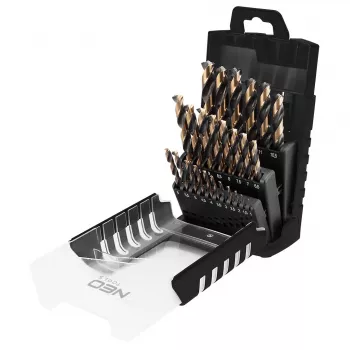Conjunto de 25 brocas de metal HSS-CNC NEO TOOLS, ângulo de ponta 124°, Pro-Tec, 1,0–13,0 mm