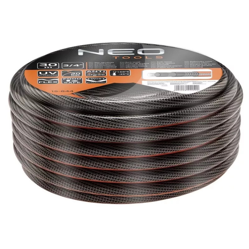 NEO TOOLS mangueira de jardim 3/4 polegadas x 30m PVC reforçado 6 camadas, pressão de rebentamento 25 Bar, resistente a UV e algas, verde