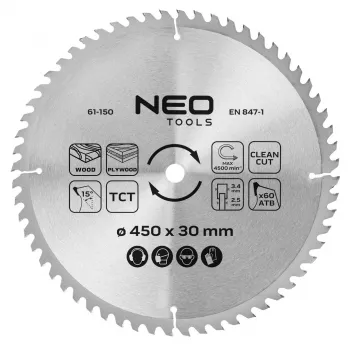 NEO TOOLS 450 mm Lâmina de Serra Circular TCT, 60 Dentes, Furo 30 mm, para Madeira
