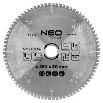 Lâmina de serra circular NEO TOOLS 55-548 com pontas de carboneto, 254 mm x 30 mm, 80 dentes, universal