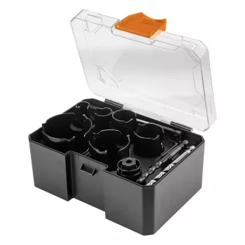 Conjunto de serras copo NEO TOOLS 57-923 com ponta de metal duro, 11 peças (20–64 mm), com 2 adaptadores e mala