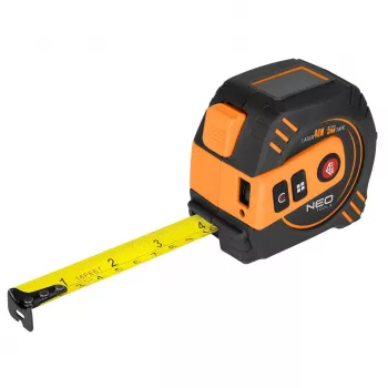Medidor de distância a laser NEO TOOLS 67-100 com fita métrica de 5 m, alcance 40 m, IP54, LCD retroiluminado, classe laser 2, 2 x AAA