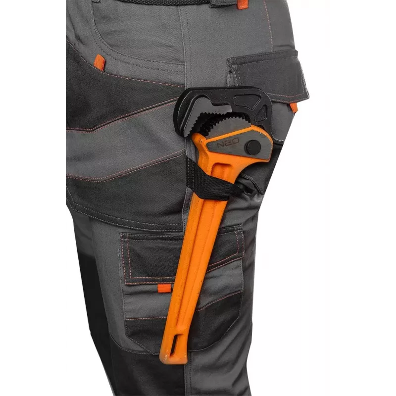 NEO TOOLS 81-325-S Calças de proteção, tamanho S, cinzento com detalhes laranja, 65% poliéster 35% algodão, 245 g/m², 9 bolsos, bolsos para joelheiras, EN ISO 13688:2013