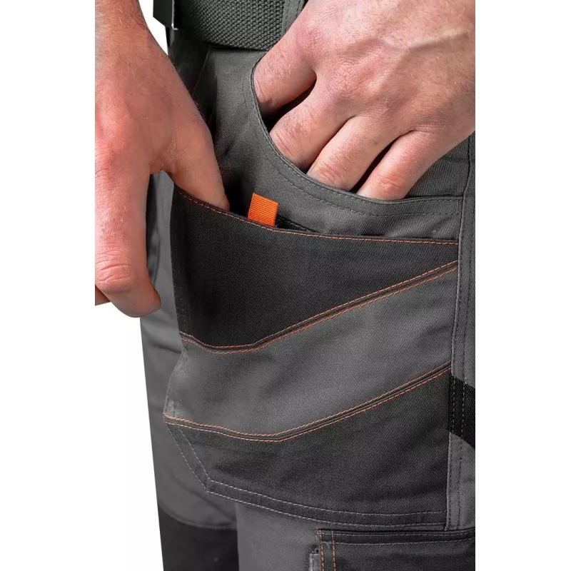 NEO TOOLS 81-325-S Calças de proteção, tamanho S, cinzento com detalhes laranja, 65% poliéster 35% algodão, 245 g/m², 9 bolsos, bolsos para joelheiras, EN ISO 13688:2013