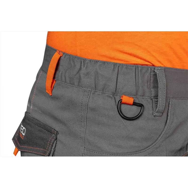 NEO TOOLS 81-325-S Calças de proteção, tamanho S, cinzento com detalhes laranja, 65% poliéster 35% algodão, 245 g/m², 9 bolsos, bolsos para joelheiras, EN ISO 13688:2013