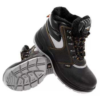 Sapatos de segurança NEO TOOLS 82-022 S1P SRC, corte baixo, com biqueira de aço e proteção antiperfuração, parte superior em pele veludo e mesh, sola de PU dupla densidade, preto com detalhes cinzentos e laranja, tamanho 42