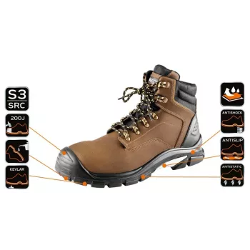 Sapatos de segurança NEO Tools 82-170-42 S1P SRC com biqueira de aço e proteção antiperfuração, tamanho 42, preto/cinzento