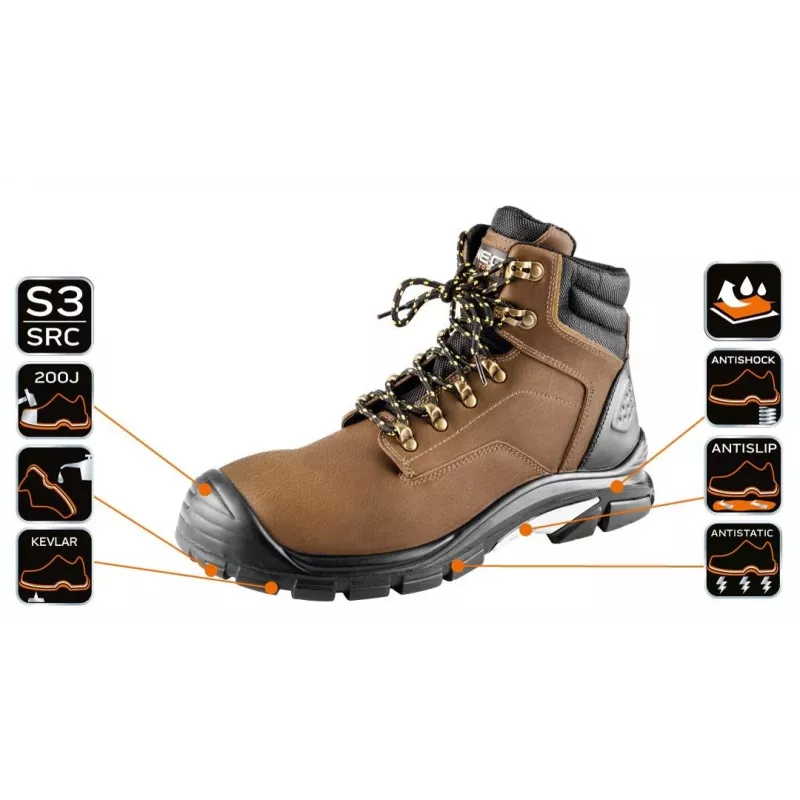 Sapatos de segurança NEO Tools 82-170-42 S1P SRC com biqueira de aço e proteção antiperfuração, tamanho 42, preto/cinzento