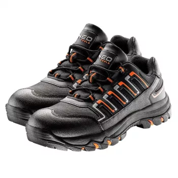 NEO TOOLS 82-712 sapatos de segurança S1P SRC com biqueira de aço e proteção antiperfuração Kevlar, pele veludo, preto/cinzento, tamanho 43 EU