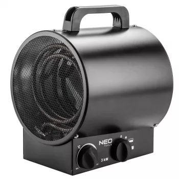 Termoventilador cerâmico PTC NEO Tools 90-066 2000W com termostato ajustável, proteção contra sobreaquecimento, interruptor de segurança anti-tombo, 2 níveis de aquecimento, modo só ventilador, autónomo, preto/cinzento