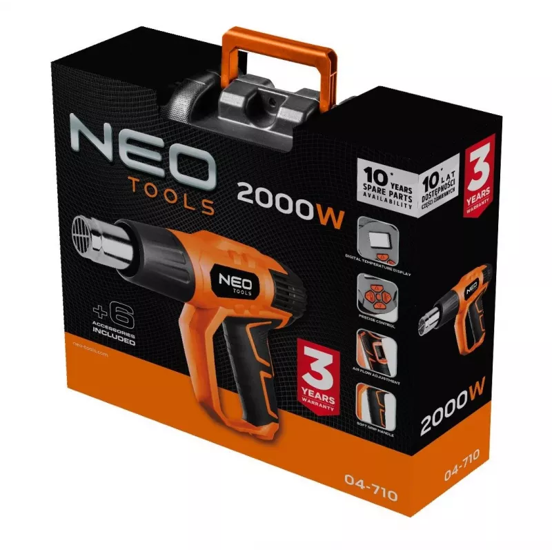 NEO TOOLS pistola de ar quente 2000W com ecrã LCD, 50°C e 70-600°C, 4 bicos, raspador, mala de transporte