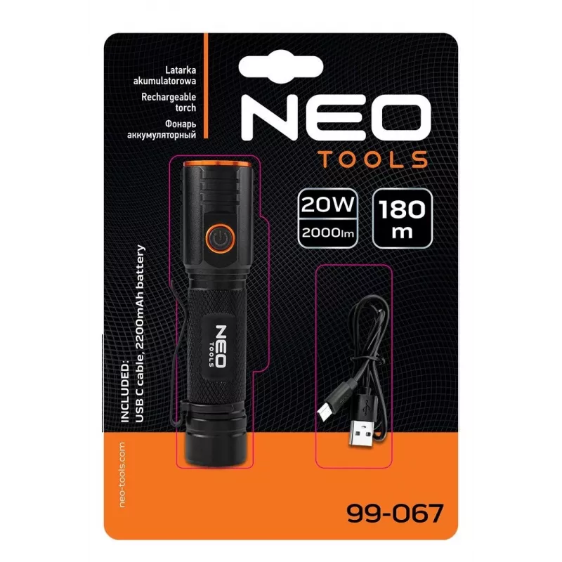 Lanterna LED recarregável NEO TOOLS USB C 2000 lm CHN