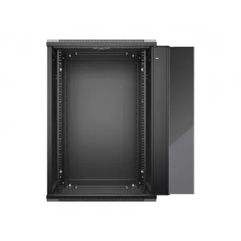 NETRACK 019-180-645-022 Armário de parede/suspenso 19 polegadas 18U 450mm Porta de vidro preto Painéis laterais amovíveis