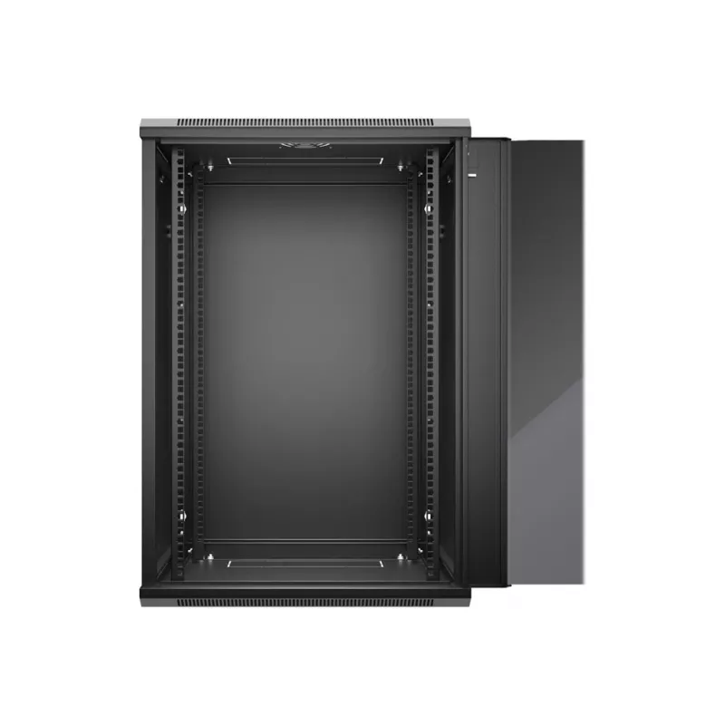 NETRACK 019-180-645-022 Armário de parede/suspenso 19 polegadas 18U 450mm Porta de vidro preto Painéis laterais amovíveis