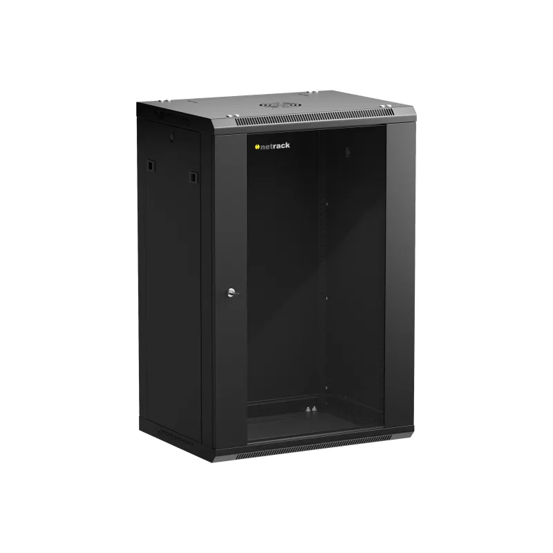 NETRACK 019-180-645-022 Armário de parede/suspenso 19 polegadas 18U 450mm Porta de vidro preto Painéis laterais amovíveis
