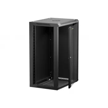 NETRACK 019-180-645-022 Armário de parede/suspenso 19 polegadas 18U 450mm Porta de vidro preto Painéis laterais amovíveis