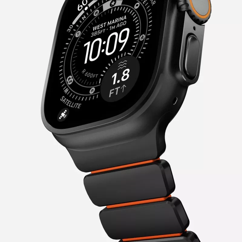 NOMAD Stratos Band - pulseira de titânio para Apple Watch 49mm com FKM (Black Titanium, Ultra Orange FKM)