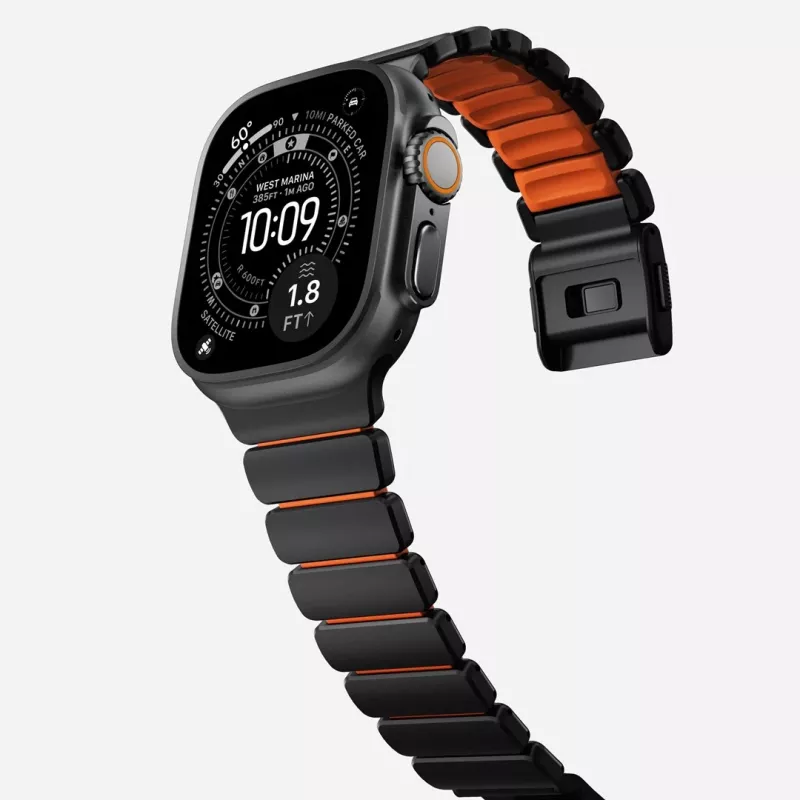 NOMAD Stratos Band - pulseira de titânio para Apple Watch 49mm com FKM (Black Titanium, Ultra Orange FKM)