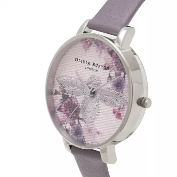 Olivia Burton Enchanted Garden Relógio para mulher OB16EM05 - 38 mm Caixa em aço inoxidável ouro rosa, mostrador branco floral, pulseira de pele cinza mink