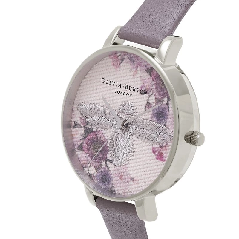 Olivia Burton Enchanted Garden relógio de senhora OB16EM05 - 38 mm caixa de aço inoxidável em tom de ouro rosa, mostrador branco floral, bracelete de pele cinzento-visom