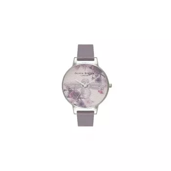 Olivia Burton Enchanted Garden Relógio para mulher OB16EM05 - 38 mm Caixa em aço inoxidável ouro rosa, mostrador branco floral, pulseira de pele cinza mink