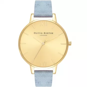Olivia Burton relógio de senhora com mostrador grande OB16BD111 – 38 mm caixa de aço inoxidável em tom de ouro rosa, bracelete de pele cinzenta