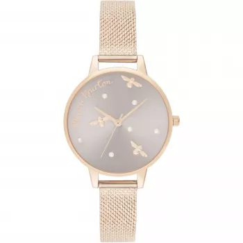 Relógio OLIVIA BURTON mulher Celestial OB16PQ04 - caixa de aço inoxidável tom ouro rosa 34mm, bracelete de pele cinzenta, quartzo analógico