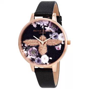Relógio de mulher Olivia Burton Enchanted Garden OB16EM02 - 38mm caixa de aço inoxidável ouro rosa, bracelete de couro cinzento, mostrador cinzento com motivo de abelha