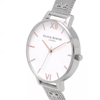 Olivia Burton relógio de senhora Enchanted Garden OB16ES10 - 38mm caixa de aço inoxidável em tom de ouro rosa, mostrador branco floral, bracelete de pele cinzenta