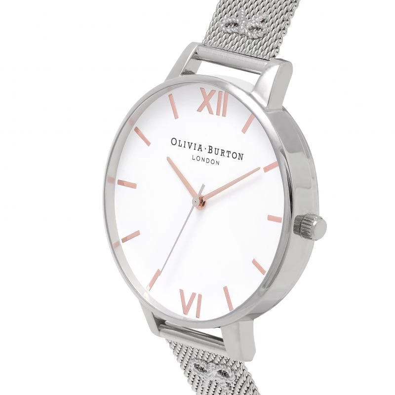 Olivia Burton relógio de senhora Enchanted Garden OB16ES10 - 38mm caixa de aço inoxidável em tom de ouro rosa, mostrador branco floral, bracelete de pele cinzenta