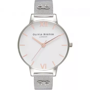 Olivia Burton relógio de senhora Enchanted Garden OB16ES10 - 38mm caixa de aço inoxidável em tom de ouro rosa, mostrador branco floral, bracelete de pele cinzenta