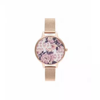 Olivia Burton relógio para senhora Lucky Bee OB16LP01 - caixa de ouro rosa de 34mm, mostrador branco, bracelete de couro cinzenta