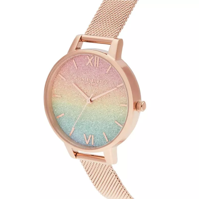OLIVIA BURTON relógio de senhora de quartzo Rainbow Bee OB16RB18 – 34 mm caixa de aço inoxidável, bracelete de pele cinzenta, mostrador branco com motivo Rainbow Bee