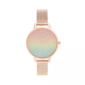 OLIVIA BURTON relógio de senhora de quartzo Rainbow Bee OB16RB18 – 34 mm caixa de aço inoxidável, bracelete de pele cinzenta, mostrador branco com motivo Rainbow Bee