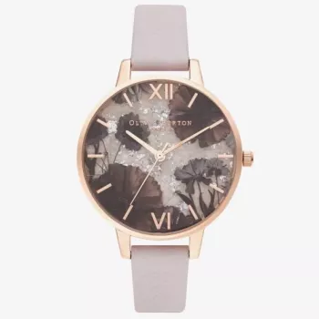 Relógio Olivia Burton Sparkle Bee OB16SP15 para mulher - caixa em aço inoxidável de 34 mm, bracelete em pele cinzenta, mostrador branco/prateado