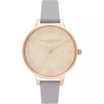 Relógio de mulher Olivia Burton OB16GD45 34 mm mostrador cinzento com brilho pulseira de pele e aço inoxidável banhado a ouro rosa