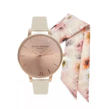 Olivia Burton Relógio de mulher OBGSET51 30 mm ouro rosa aço inoxidável e pele cinzenta