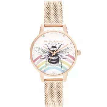 OLIVIA BURTON relógio de senhora Wishing Star OB16WL90 30mm aço inoxidável ouro rosa mostrador branco em madrepérola bracelete de pele cinzenta