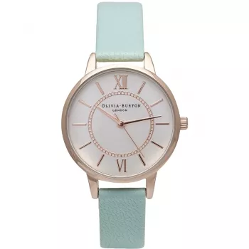 Olivia Burton relógio de senhora Wishing Watch OB15WD47 - 34 mm caixa de aço inoxidável em tom de ouro rosa, mostrador branco com pendente de abelha, bracelete de pele cinzenta