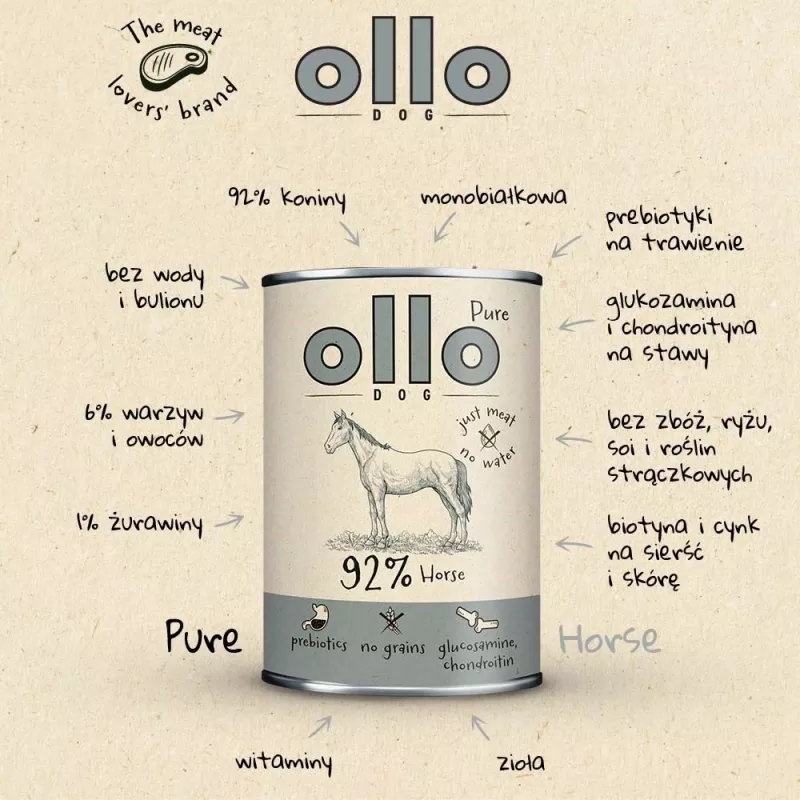 OLLO Pure Horse Alimento Húmido Mono para Cães 850g