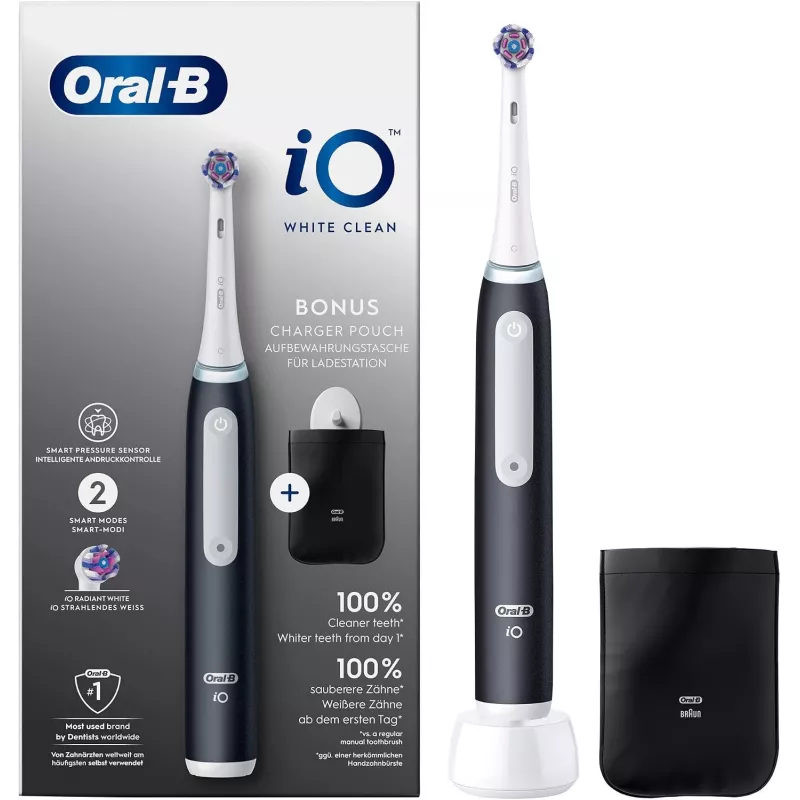 Escova de dentes elétrica Oral-B iO White Clean, preto/branco com estojo de viagem
