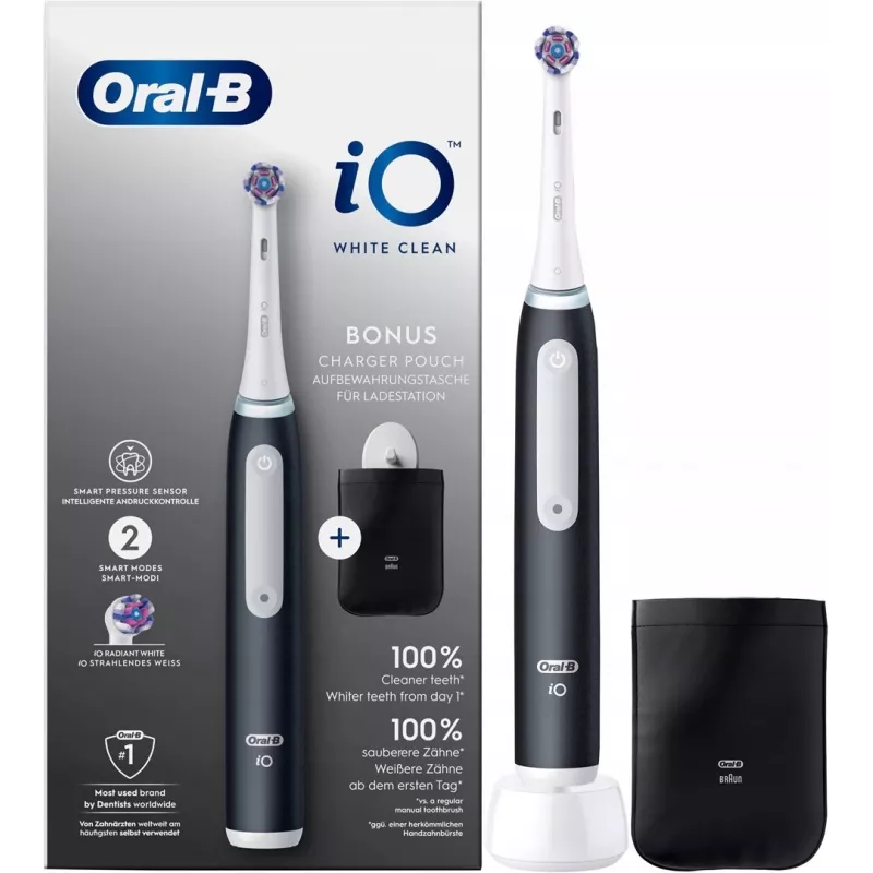 Escova de dentes elétrica Oral-B iO White Clean, preto/branco com estojo de viagem