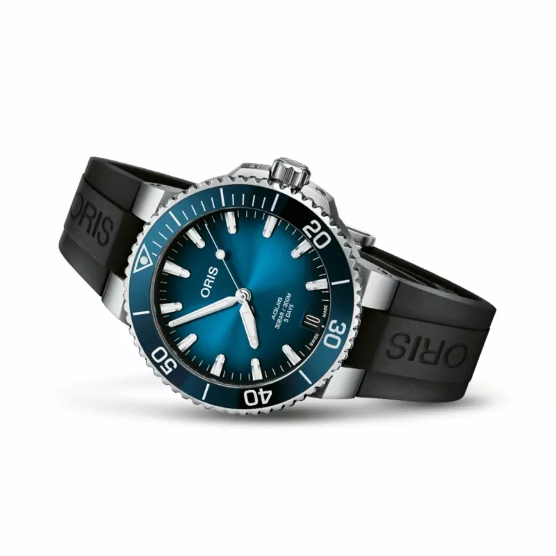 ORIS relógio de mergulho de homem 41350742274FC 41.50mm automático mostrador azul bracelete de borracha azul