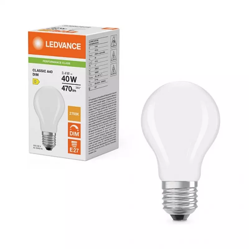 OSRAM LED Classic A 40 Filament DIM P 3.4W 827 Mate Lâmpada LED regulável