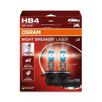 OSRAM Night Breaker Laser HB4 (Conjunto de 2) - Lâmpadas halogéneas para faróis 12V 51W P22d, até 150% mais brilho, alcance 150m, luz 20% mais branca, branco