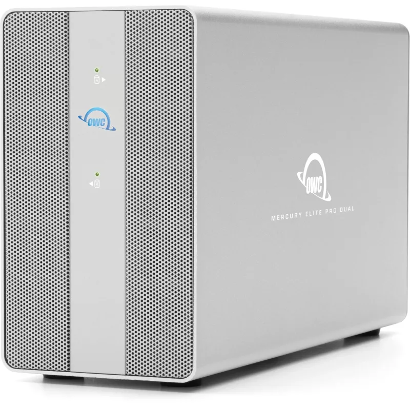 OWC Mercury Elite Pro Dual caixa RAID de 2 baias com hub USB de 3 portas, USB 3.2 Gen 2 Type-C (prateado)