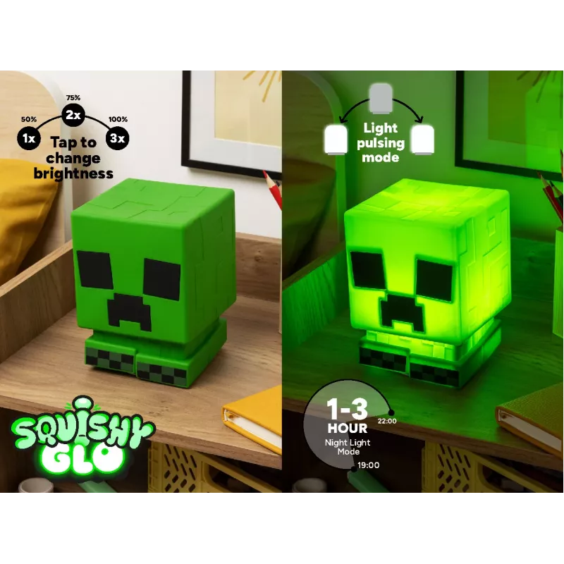 Luz de silicone SquishyGlo Paladone Minecraft Creeper recarregável – luz noturna LED verde regulável com 3 níveis de brilho e carregamento Micro-USB