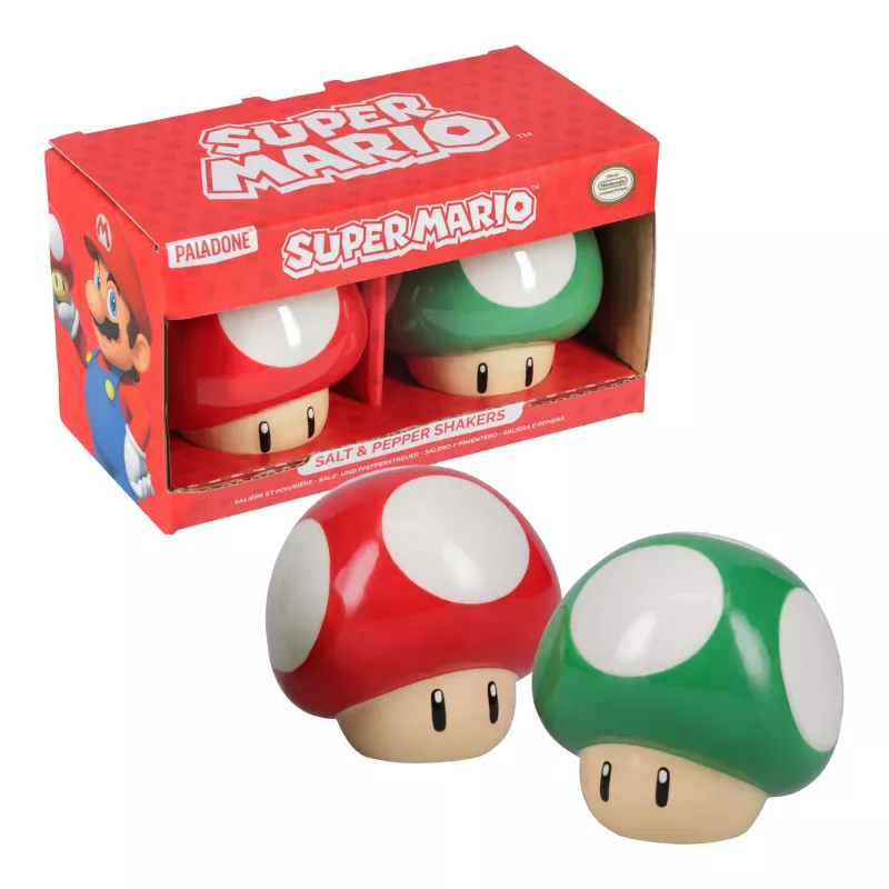 Paladone Conjunto de saleiro e pimenteiro Super Mario Mushroom (Cogumelo Super vermelho e cogumelo 1-Up verde)